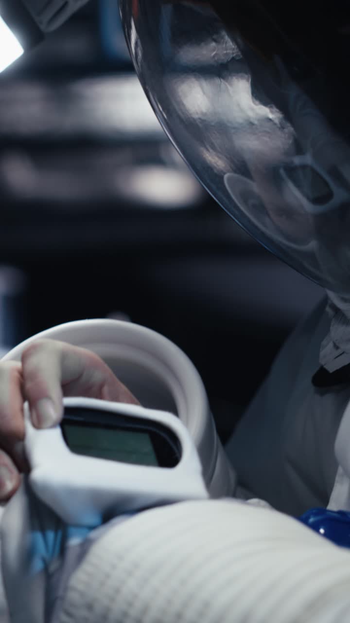 Vertical video Astronauts in advanced technology spacecraft using green screen monitor