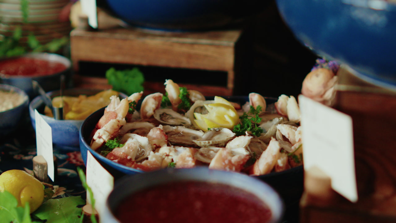 Seafood restaurant open bar fresh cooked shimps king prawn crab oysters commercial video