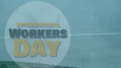 animation of international workers day text with data processing over rural landscape