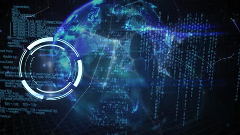 animation of round scanner, data processing and globe of plexus networks against black background