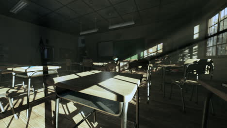 empty classroom with sunlight streaming through window