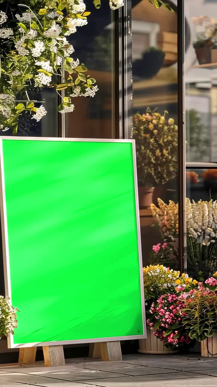 Poster live mockup outside flower shop animation, transparent 4K video, green screen