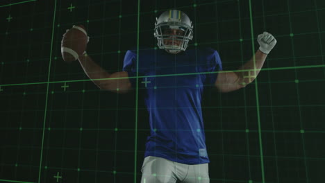 celebrating touchdown, football player over digital grid animation in stadium