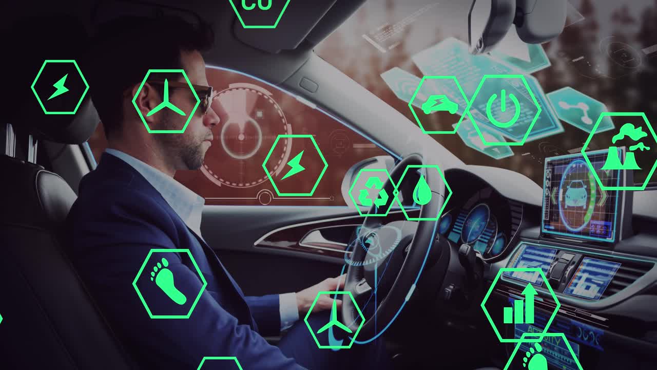 animación de iconos y procesamiento de datos sobre hombre caucásico sentado en el coche