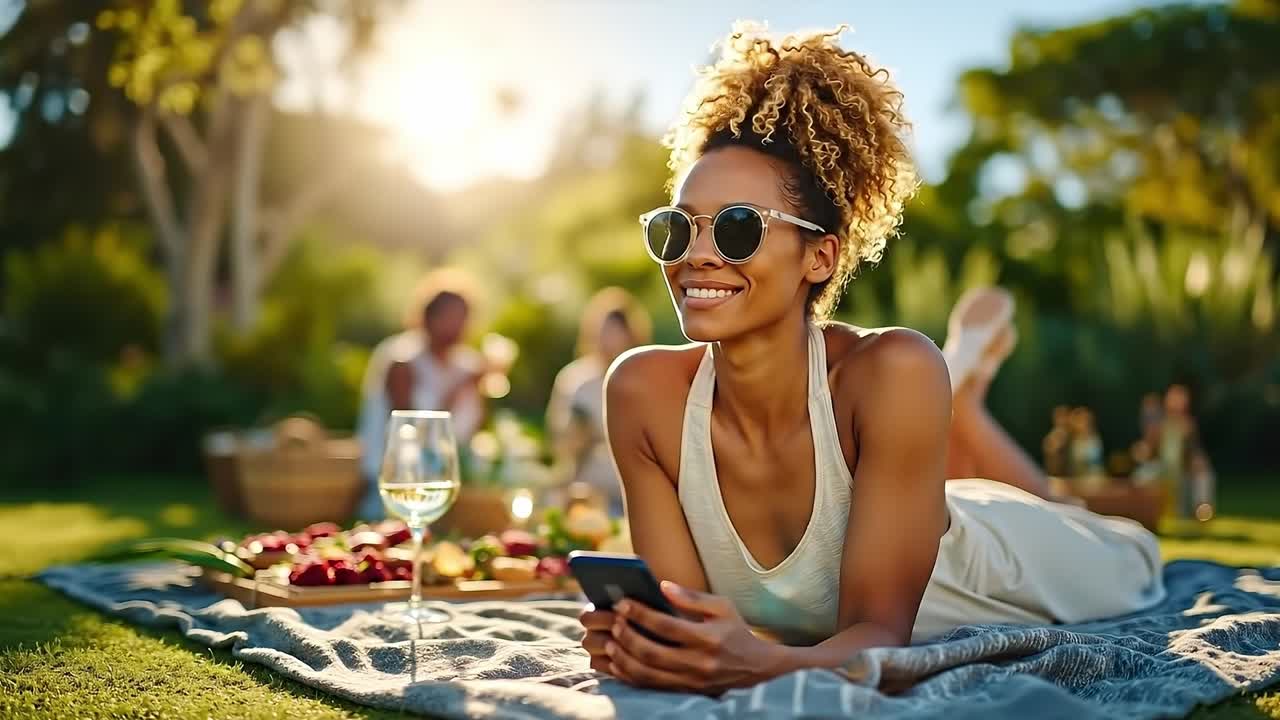 Una donna sdraiata su una coperta sull'erba con un cellulare