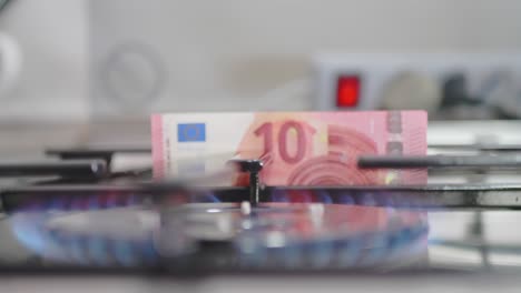 gas burner on and in the background 10 euro banknotes being pulled out. the concept of a steep rise in gas prices