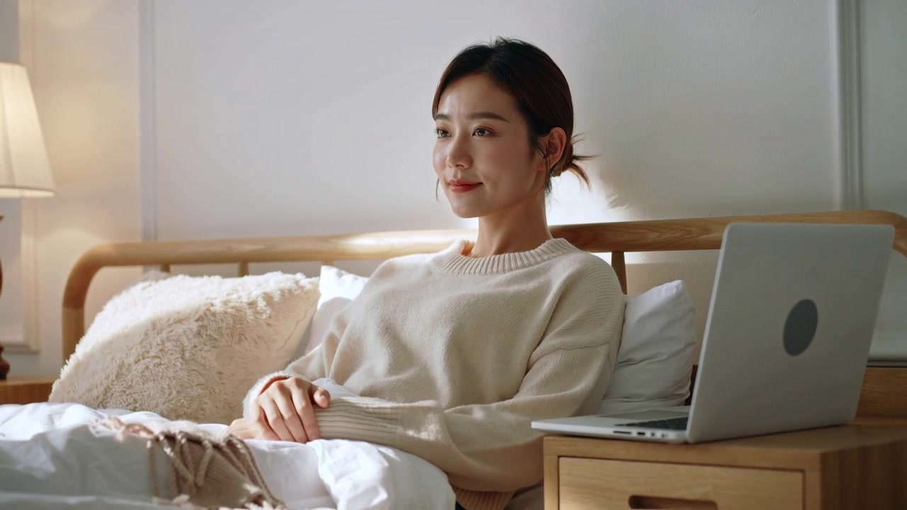 睁开眼睛，身穿米色毛衣的亚洲女性整理毯子，坐在床上，旁边放着笔记本电脑。