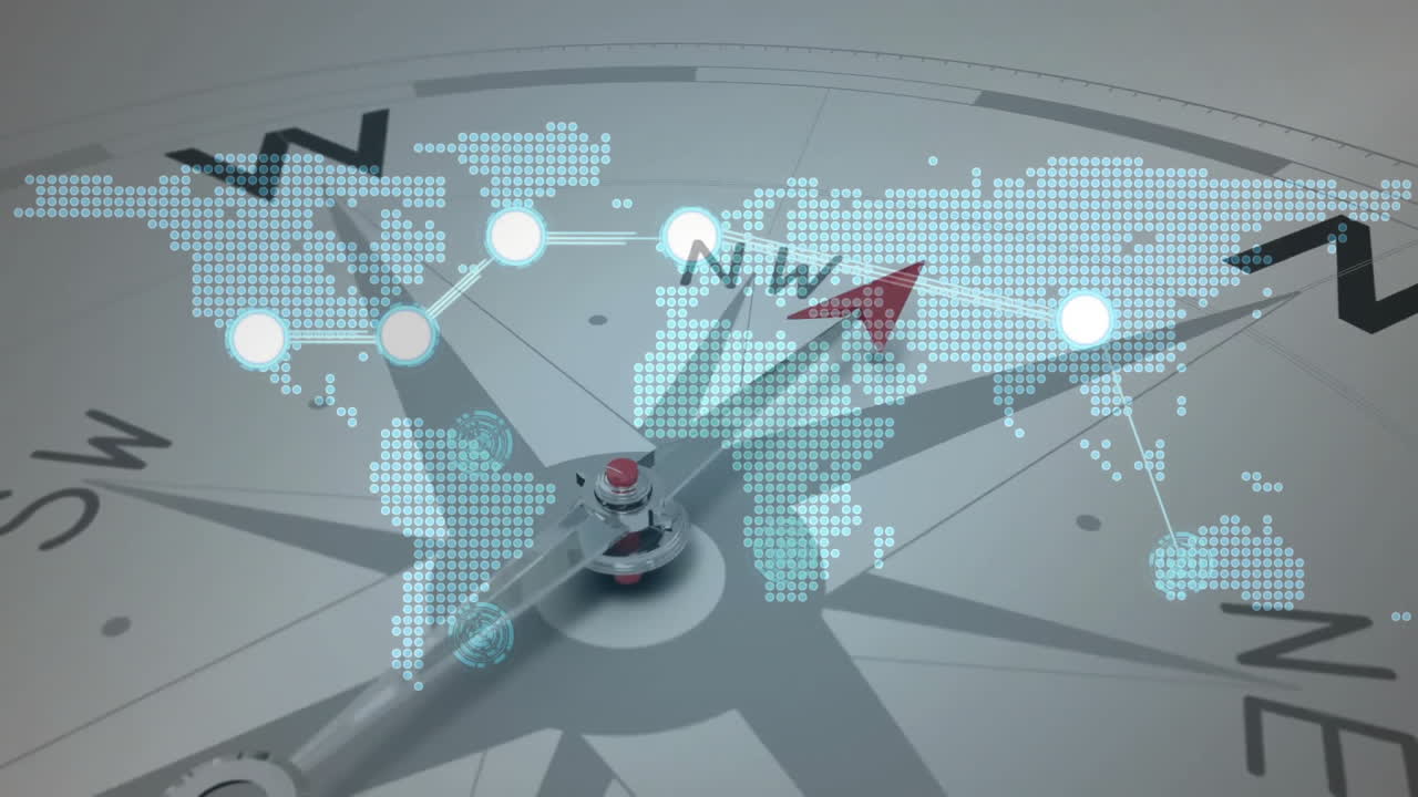 animación del mapa del mundo con conexiones sobre brújula con texto en fondo blanco