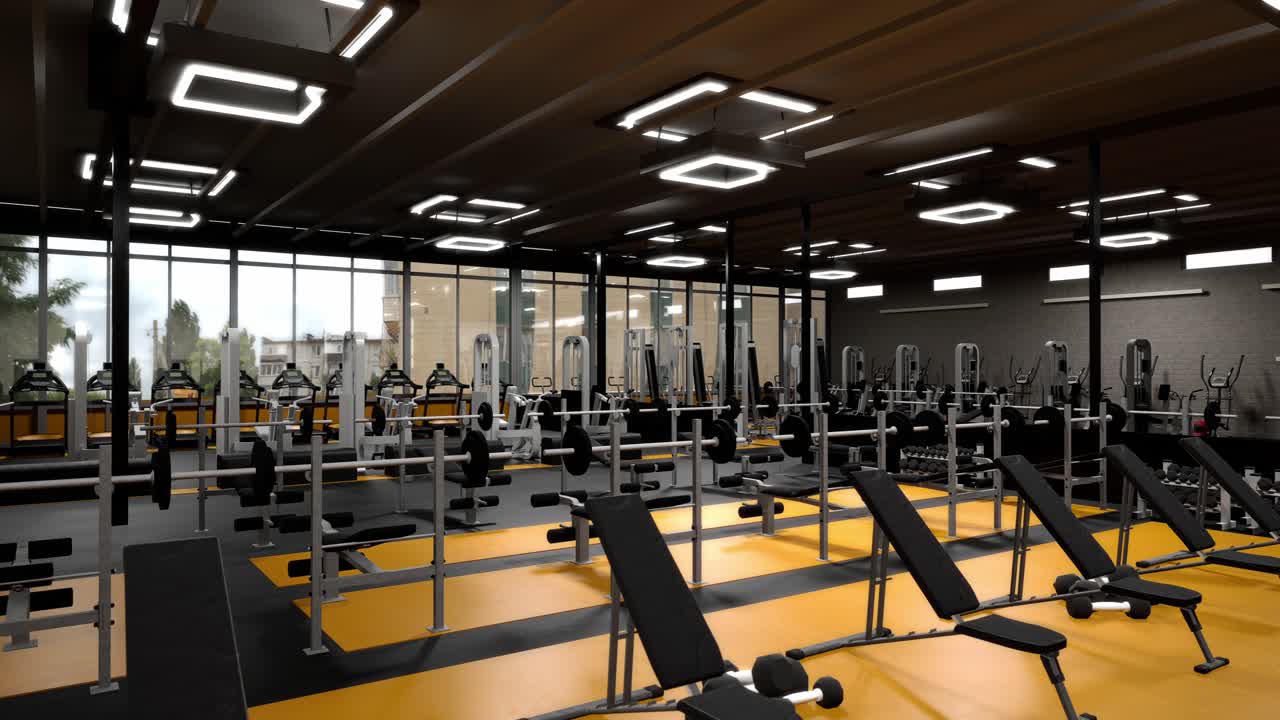 área interior del gimnasio con gimnasio moderno en animación de renderizado 3d. equipos excesivos con diseño moderno. visualización 3d