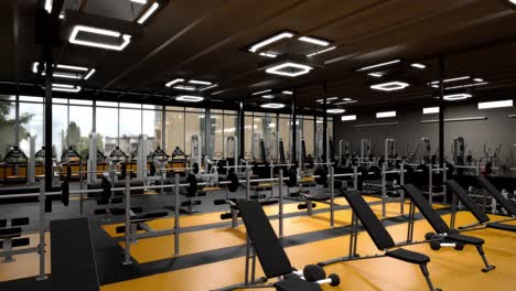 interior gym's area with modern gym in 3d render animation. excesie equipments with modern design. 3d visualization