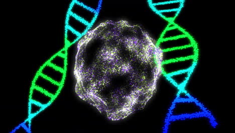 cadenas de adn y estructura de partículas brillantes, animación científica