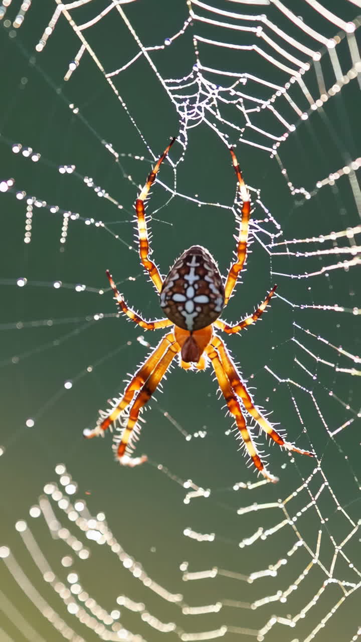 Close-up of a Spider on a Dew-Kissed Web