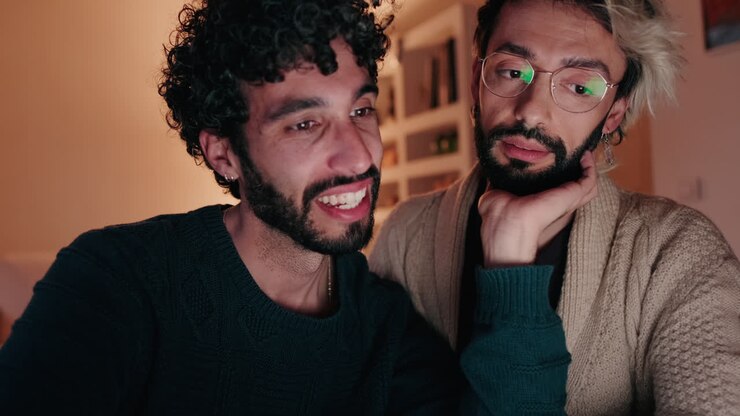 Gay Couple Watching something Funny on Laptop