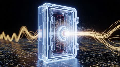 a high-tech secure vault glowing with energy waves, illustrating the intersection of security and advanced digital technology in a futuristic environment