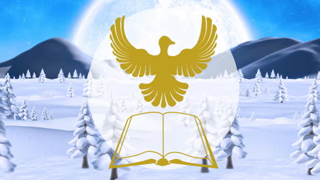 animation of holly bible and dove over christmas snow globe in winter landscape