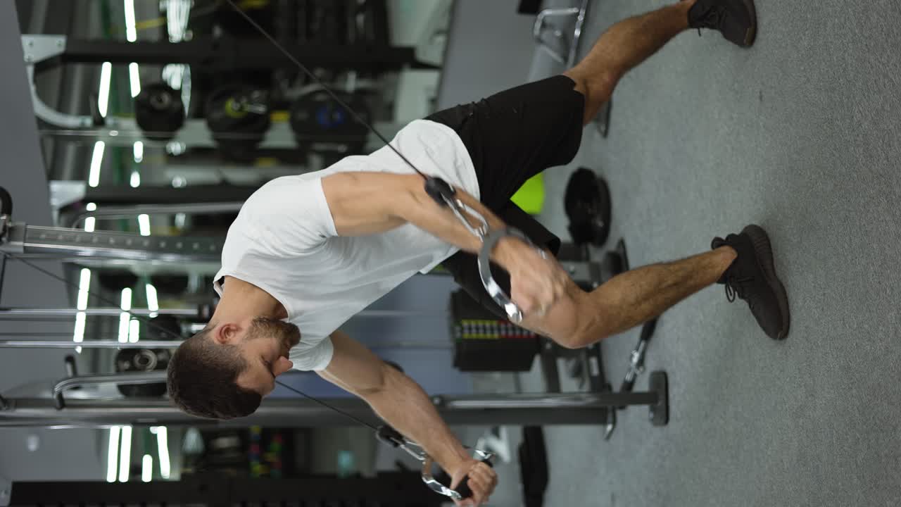 culturista en el gimnasio bombeando las manos en auriculares desde los lados, cámara lenta