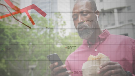 financial data processing against african american man using smartphone and having a snack