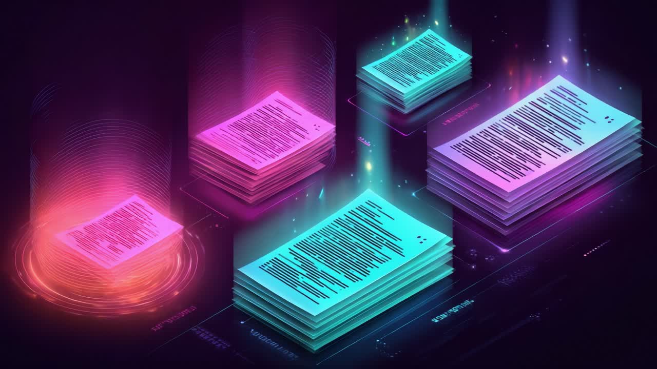 Dynamic Stacks of Digital Documents in Vibrant Colors with Futuristic Lighting Effects Showcasing Modern Data Representation and Enhanced Information Processing