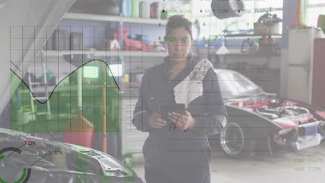 animación del procesamiento de datos financieros sobre una mecánica de automóviles de dos razas que usa una tableta