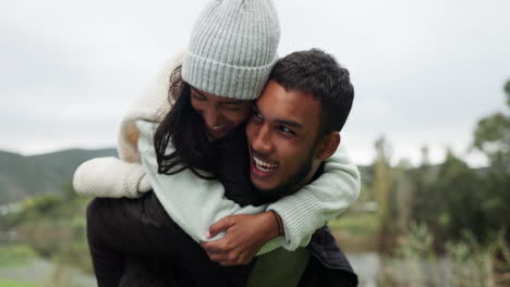 young couple, piggyback and happiness outdoor