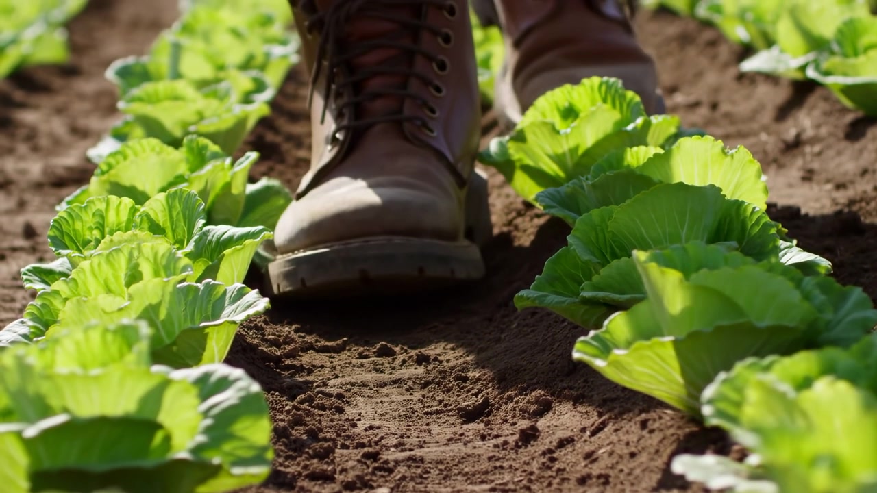 Inquadratura dal basso di una persona con gli stivali che si muove tra file di giovani piante a foglia sotto la luce intensa del sole, mostrando il lavoro agricolo all'aperto, la cura del terreno e la crescita delle colture in un ambiente rurale.