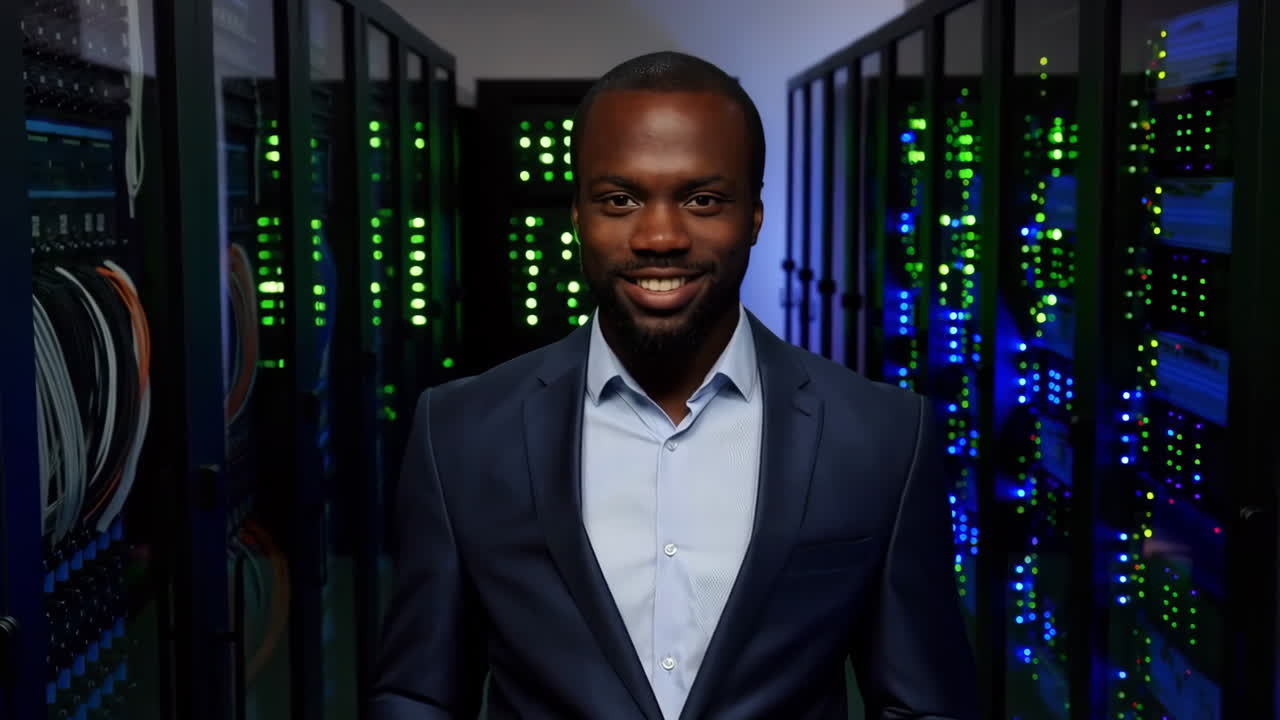 Smiling IT Professional in a Data Center