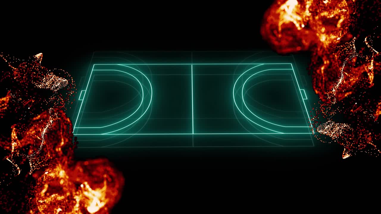 Black screen starting neon-green wireframe basketball court tilting, rotating, red clusters pulsing