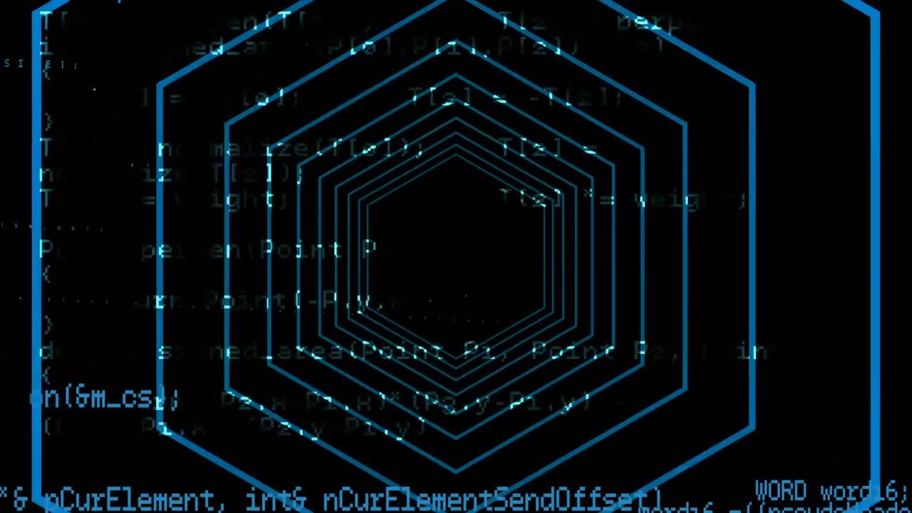 프로그램 코드와 육각형 패턴