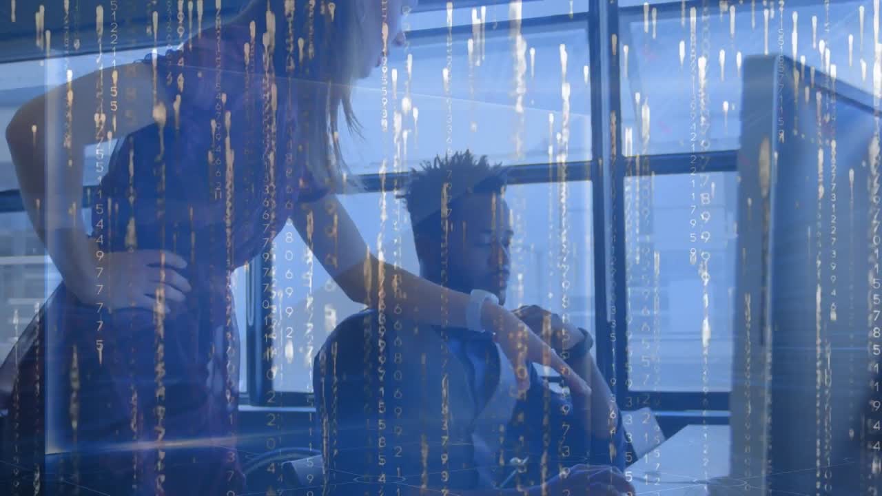 사무실에서 컴퓨터를 통해 토론하는 다양한 남녀 동료들에 대한 빛의 흔적의 애니메이션