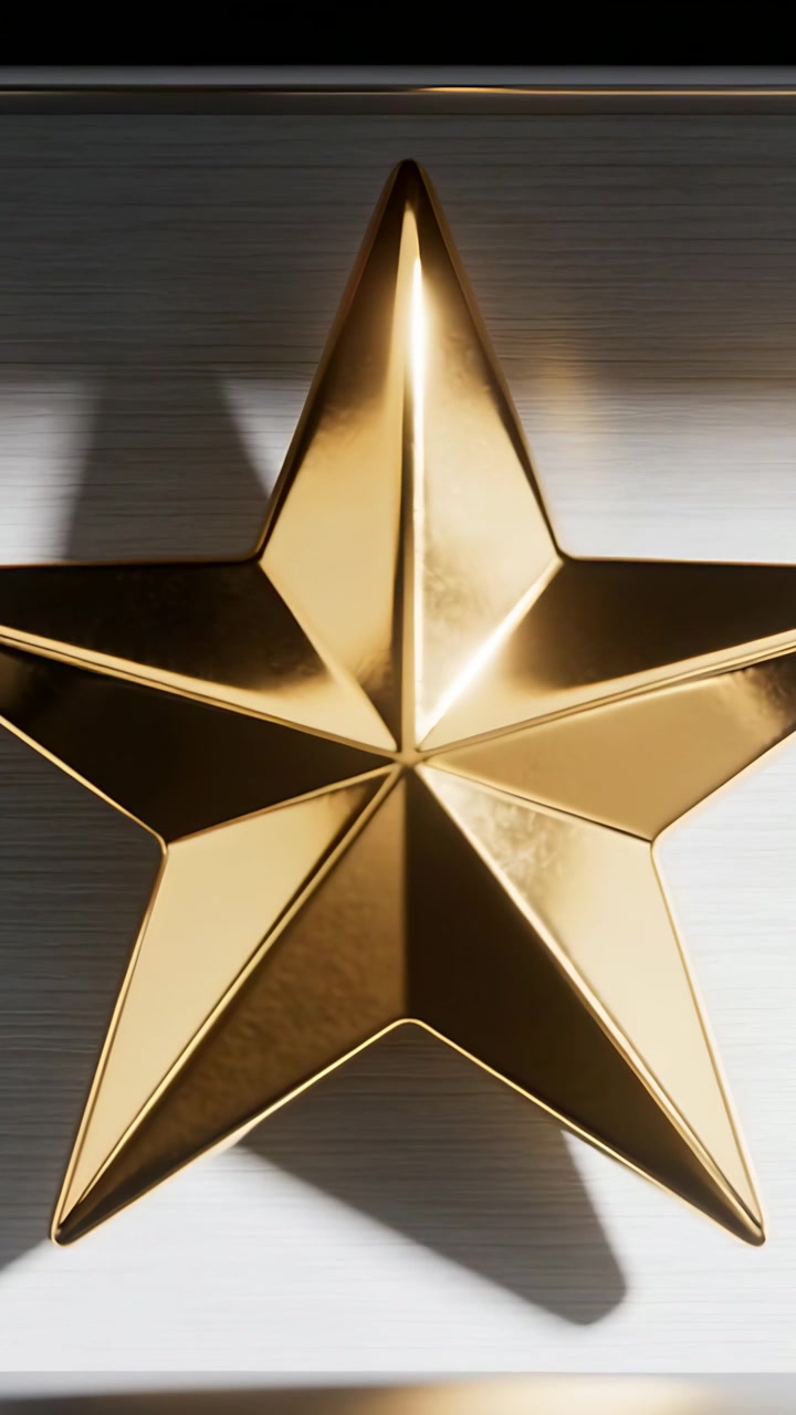 Video verticale: Stella d'oro lucida che riflette e cattura i riflessi di una luce in movimento su un pannello metallico.
