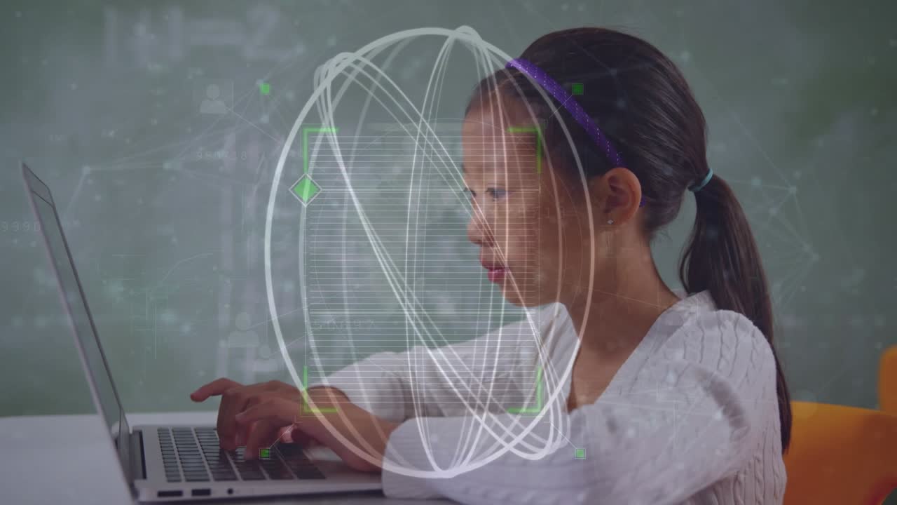 Animation of data processing over asian girl using laptop