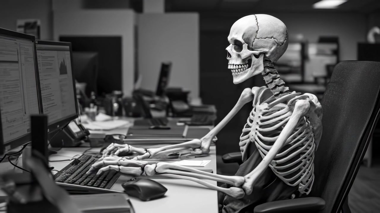 Overworked Skeleton Typing on Computer in Office