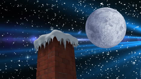 animación de paisaje navideño de invierno con chimenea, nieve cayendo y luna