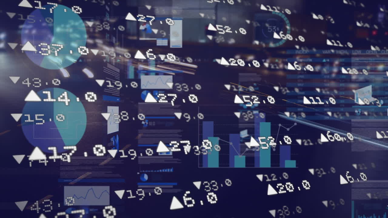Animation of financial graphs and data processing on digital screen over night road traffic