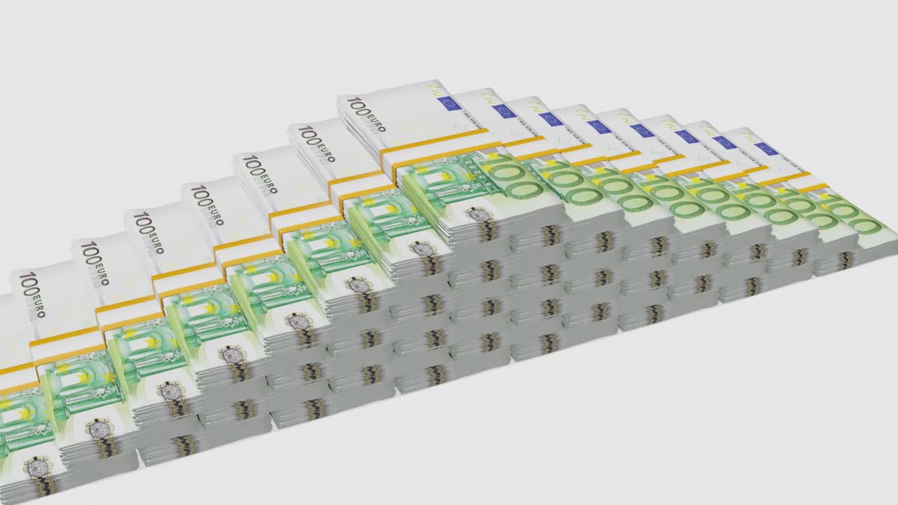 Many wads of money isolated on white background. 100 Euro banknotes. Stacks of money.
