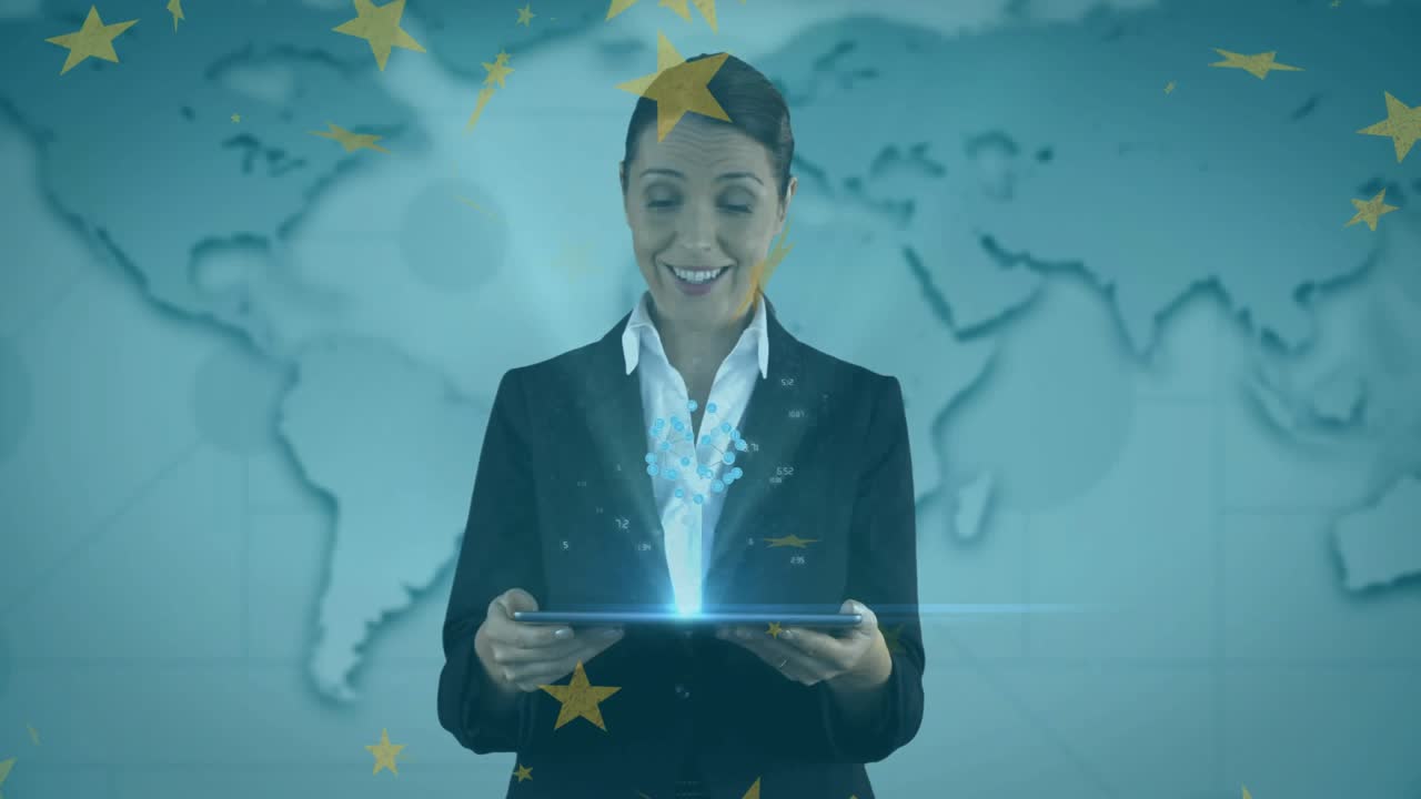Business presenter tapping tablet screen, generating glowing holographic data pillar over world map