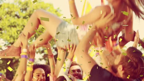 Animation-of-confetti-falling-over-friends-throwing-woman-in-the-air