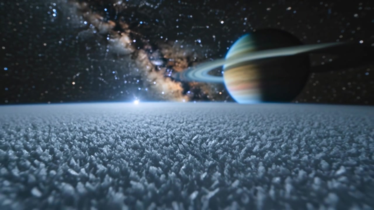 Camera shifting, revealing crystal ground moving toward viewer on moonlike plain, ringed planet