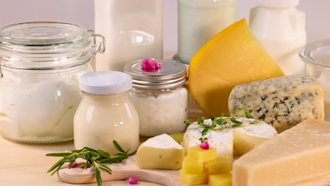 various dairy items arranged on a white background