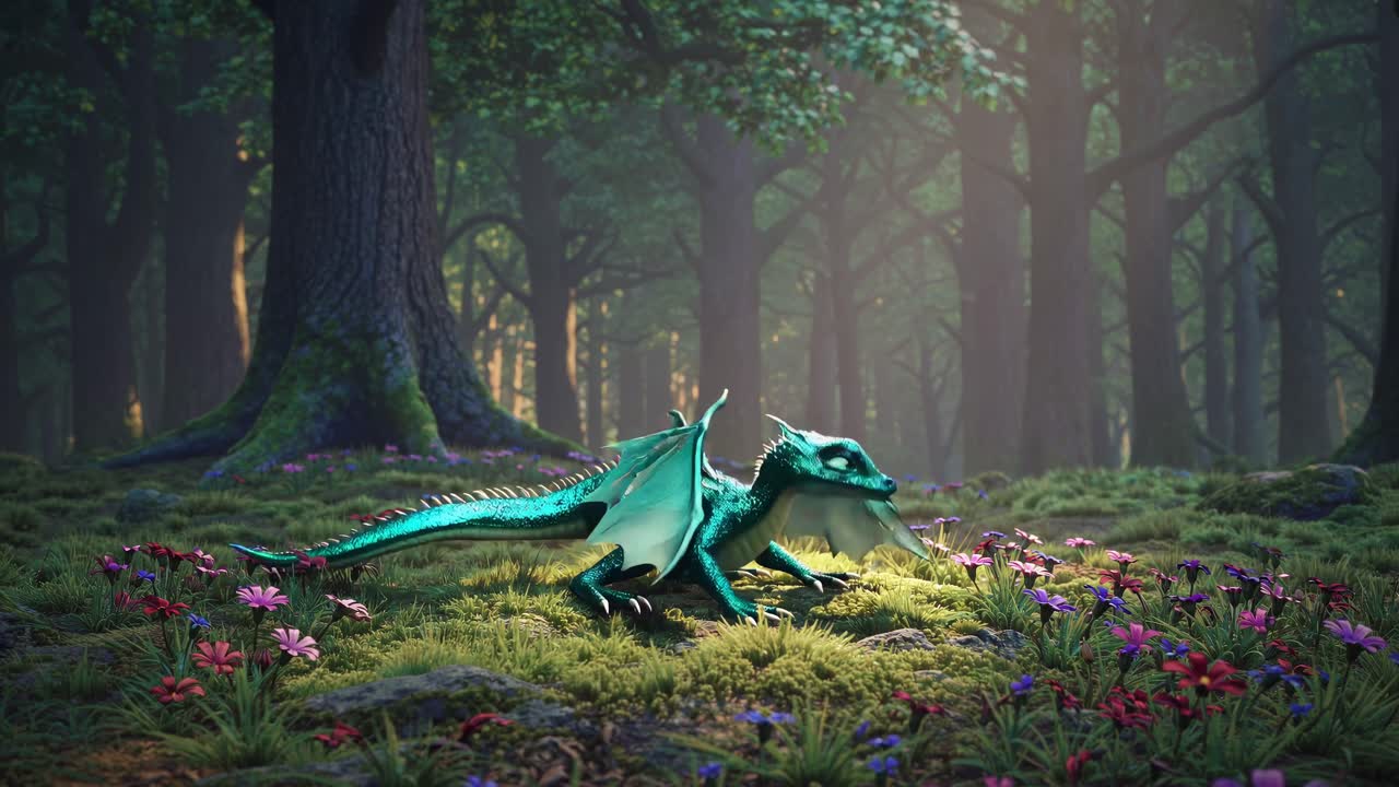 Una scena video fantasiosa e con angolazione dal basso, di un piccolo drago carino in una foresta mistica.