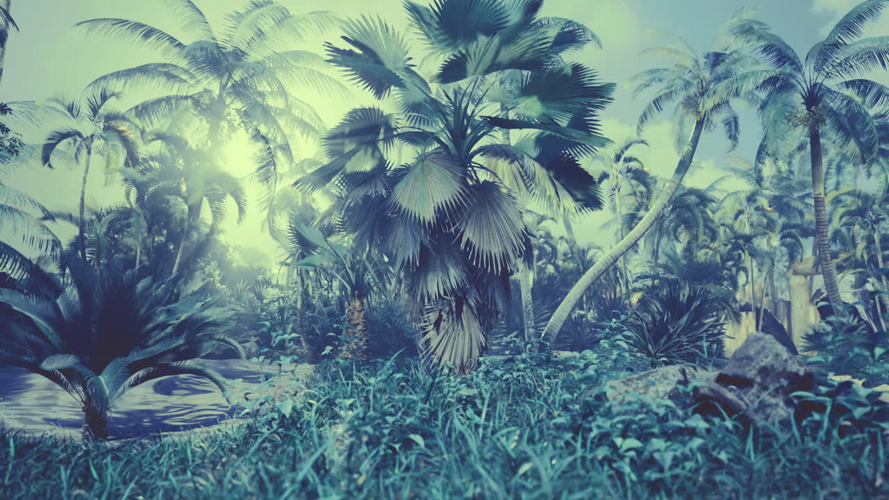 Lush tropical landscape with vibrant greenery and serene atmosphere in daylight