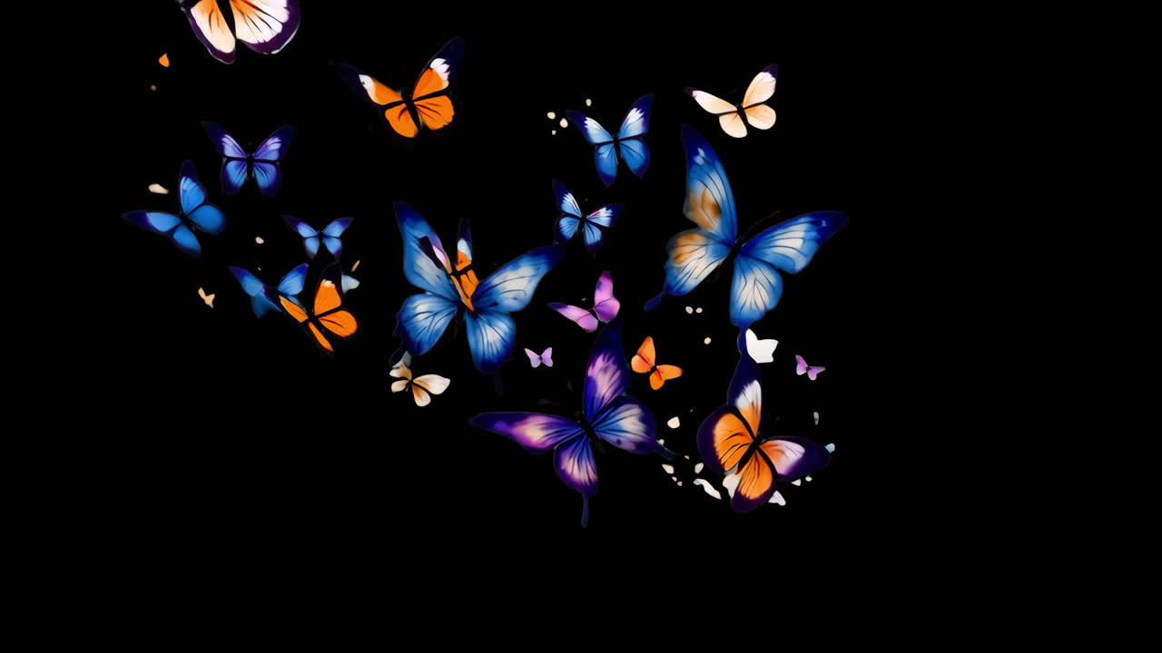 Colorful butterflies on pink animated overlay, transparent 4K video, alpha channel, ProRes 4444