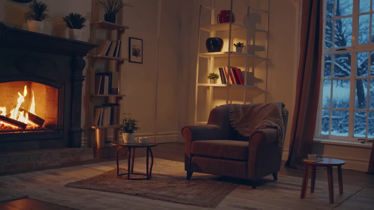 Cozy living room with a warm fireplace, shot from a wide angle
