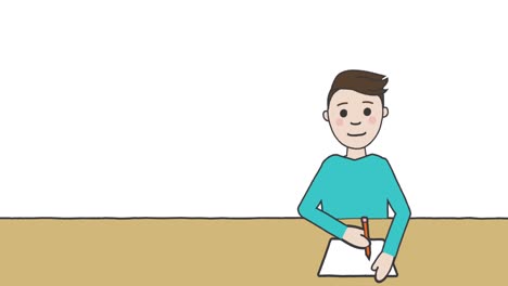 Animación-De-La-Ilustración-De-Un-Colegial-Sentado-En-Un-Escritorio-Y-Escribiendo-Sobre-Fondo-Blanco