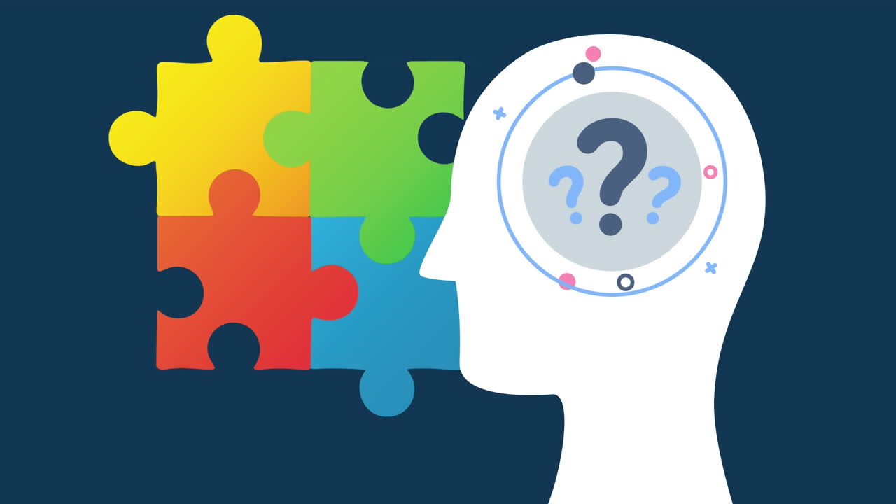 animación del perfil humano con signos de interrogación sobre rompecabezas coloridos en fondo marino