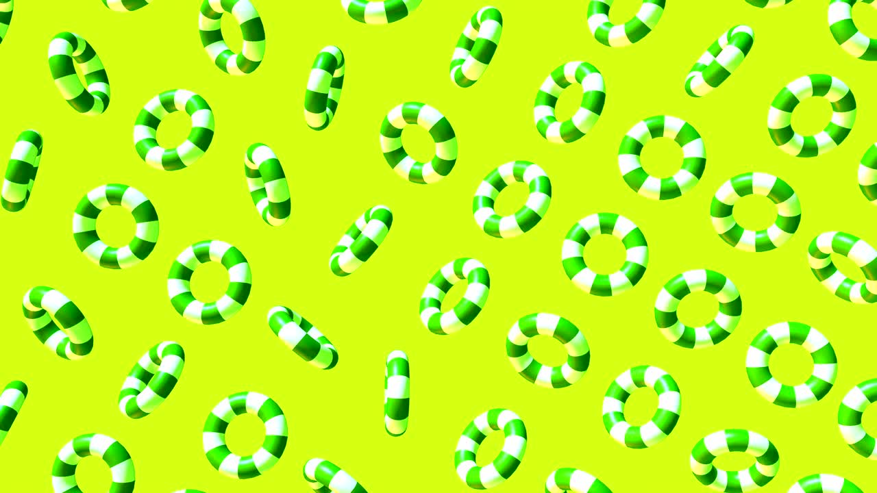 fondo abstractamente colorido con rosquillas geométricas simples voladoras o flotantes. animación 3d decorativa multicolor con bucle. brillante composición de movimiento moderno.