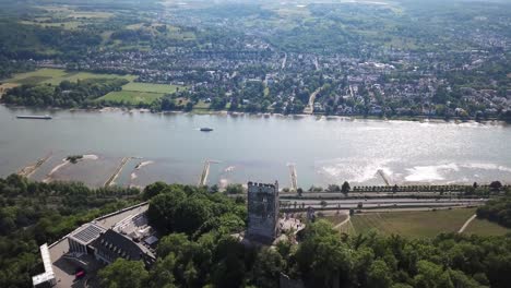 fly over burgruine drachenfels, rhine river and valley