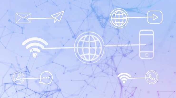 Animated global communication icons over abstract network connections background
