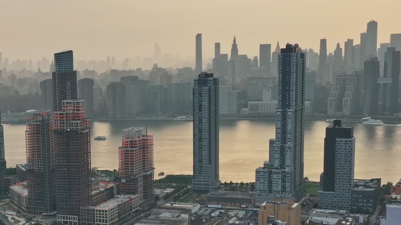 Stunning aerial view of New York City skyline at sunset