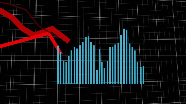 Animation of financial data processing over grid on black background